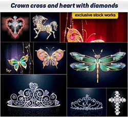 15个钻石风格的矢量图形：Crown cross and heart with diamonds 15x EPS